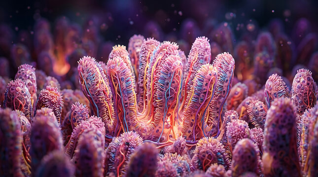 Colorful underwater coral polyps with vibrant tentacles glowing beautifully