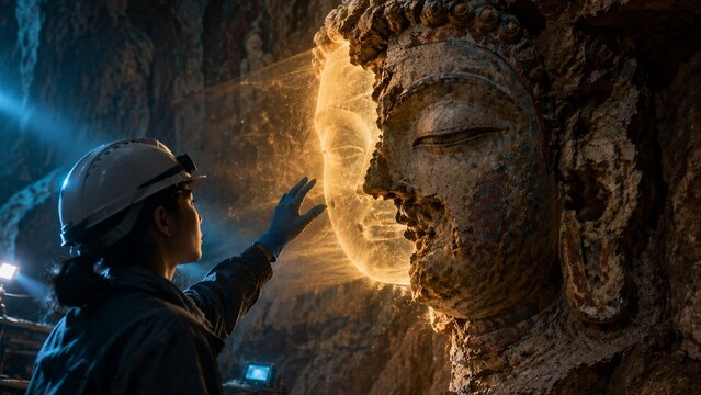 Discovery of Ancient Idol: An archaeologist in a hard hat and headlamp gently touches the weathered face of a colossal, ancient stone idol discovered deep within a cave.