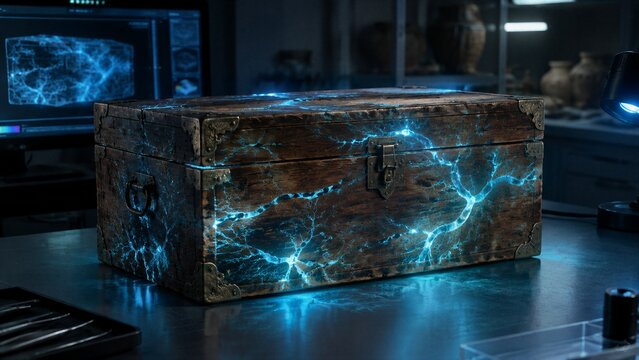Mysterious Wooden Chest with Glowing Energy: An ancient, ornate wooden chest crackles with vibrant blue energy, suggesting a hidden power or mystery within. It sits on a table in a dimly lit room.