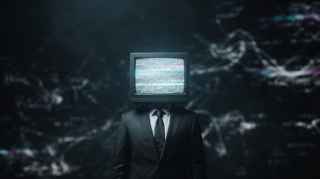 A person in a suit with an old television set displaying static for a head stands against a dark, abstract background.