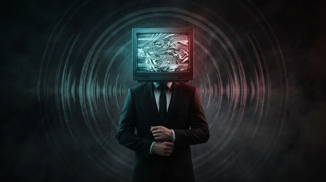 A man in a suit with a television for a head is silhouetted against a dark background with radiating concentric circles.