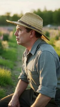Vertical video: Sun urging man straw hat rolled cuffs kneeling in garden patting soil checking buds