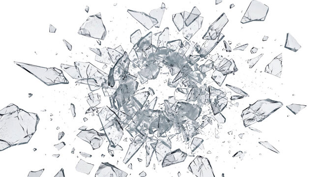 Explosion of shattered glass fragments flying outwards on a white background