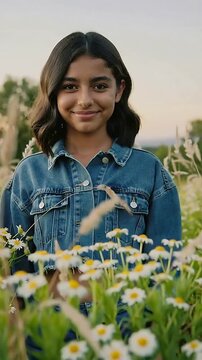 Vertical video: Pulling back, teen tucking hair, smiling and locking gaze amid daisies