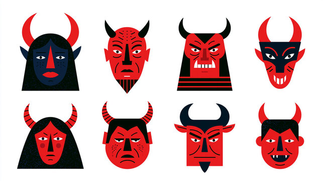 Collection of colorful devil-themed illustrations in red and black hues.