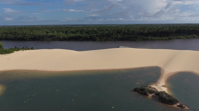 Aerial view of Lencois Maranhenses sand dunes and lagoons, Brazil.