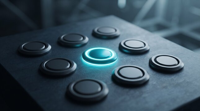 One bright cyan glowing button is at the center of a circular arrangement of dark buttons.