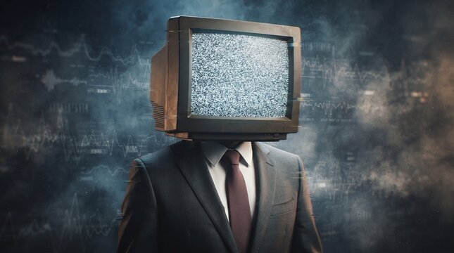A person in a suit is depicted with a flickering television screen showing static as their head.