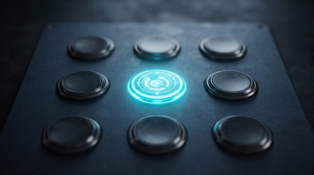 A single glowing blue button illuminates a grid of nine dark, circular buttons on a textured surface.