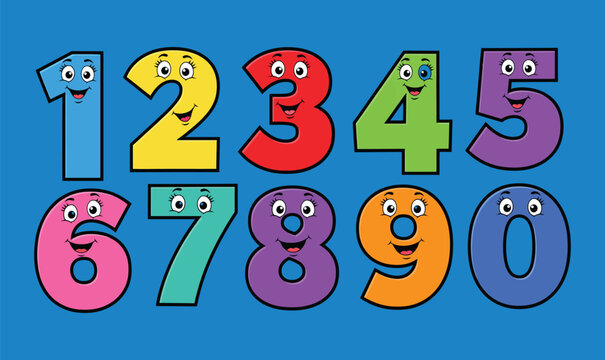 Cute, funny numbers vector cartoon characters set with faces for kids education banner