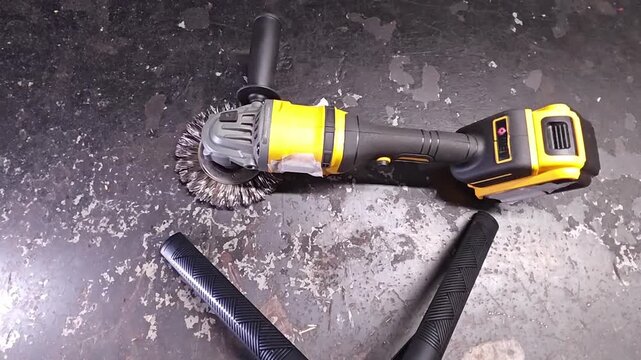Angle grinder lies still on worn dark background for product display. Yellow power tool with wire brush head, side handle, and battery pack is shown in sharp close view with practical workshop detail.