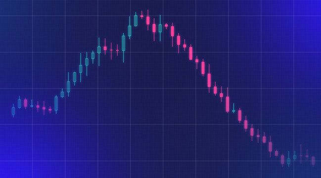 Abstract digital candlestick chart displaying a bearish market trend with red and green candles against a dark blue gradient background, representing financial trading and economic downturn.