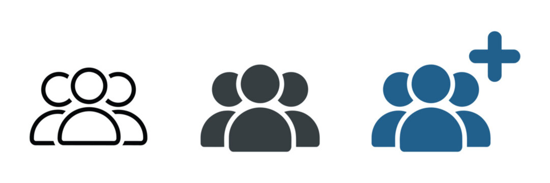 Group of people icon with a plus sign representing adding new members, expanding a team, user management, and community growth