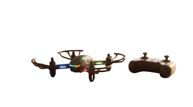 Modern mini drone with remote controller, compact quadcopter with colorful LED lights, wireless aerial photography equipment for hobbyists isolated PNG with Transparent Background