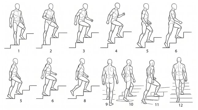 Anatomical study showing the sequence of a person walking up a flight of stairs.