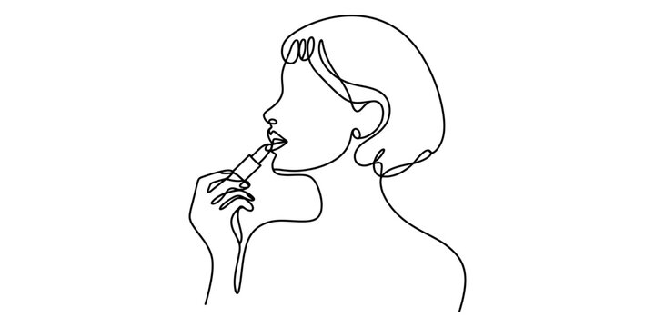 Minimalist continuous line drawing of a stylish woman applying lipstick on her lips for beauty and makeup routine
