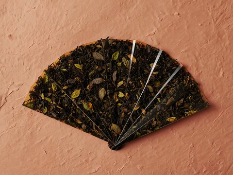 Dried tea leaves arranged in a fan shape on a textured terracotta surface, showcasing dark brown and green herbal tea blend with natural textures