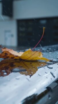 Vertical video: Falling orange leaf settling on wet car hood from rain, drops moving