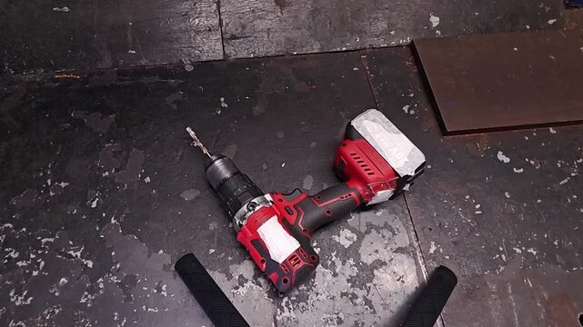 Cordless drill remains still on rough bench top. Red hand tool with mounted bit and battery pack is presented in industrial style, creating focused closeup with utilitarian mood. Mounted bit points