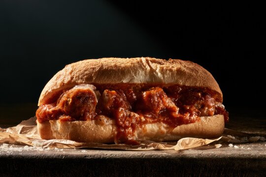 A meatball sub sandwich is cut open to show rich sauce and meatballs inside. The scene is dark to emphasize the foods texture and color.