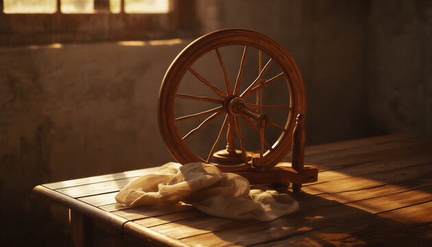 Vintage wooden spinning wheel with raw wool on a rustic table in sunlit room
