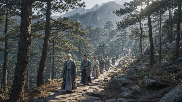 Monks on a Mountain Path: A solemn procession of monks in traditional robes walk along a winding stone path through a serene pine forest on a mountain.
