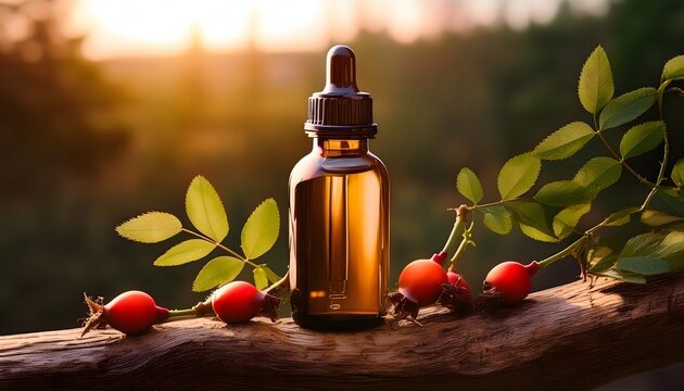 Rosehip oil bottle with fresh rosehips on a wooden surface at sunset