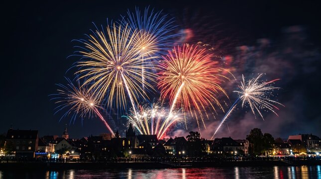 Vibrant fireworks display exploding over a dark riverside town with reflections visible in the water at night