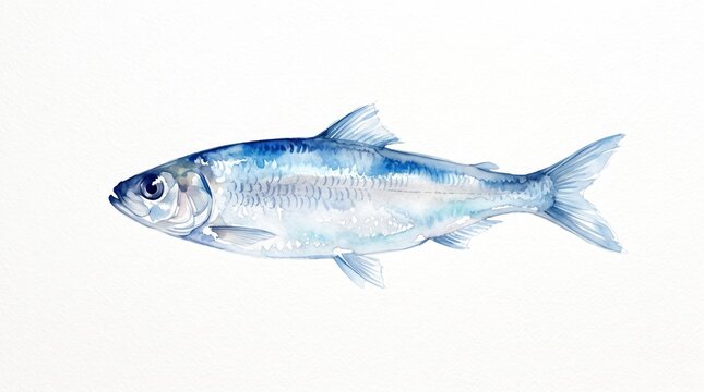 Watercolor illustration of a blue herring fish isolated on a white textured paper background