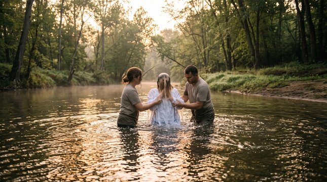 Young adult woman receiving Christian baptism in a misty forest river during golden hour