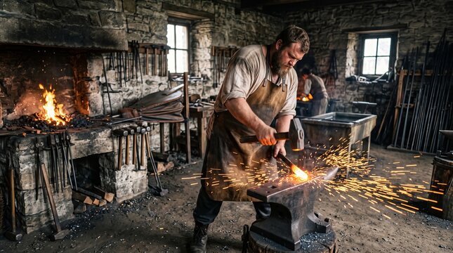 Mid adult Caucasian male blacksmith hammering glowing hot metal on anvil in rustic forge workshop with flying sparks