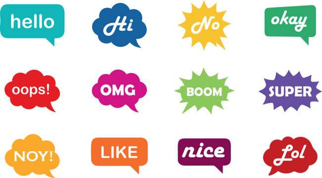 Colorful speech bubbles with popular internet slang and common greetings isolated on white