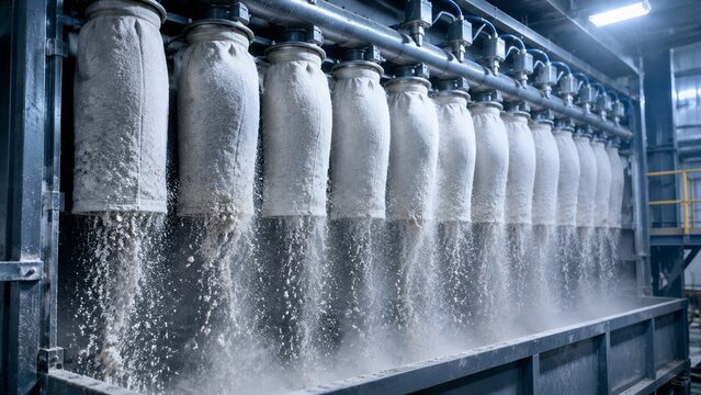 Industrial Dust Filtration System: A close-up view of an industrial dust collector with multiple filtration bags actively removing particulate matter from the air.
