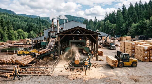 Timber workers operate heavy machinery and equipment at an active outdoor sawmill in a mountain forest