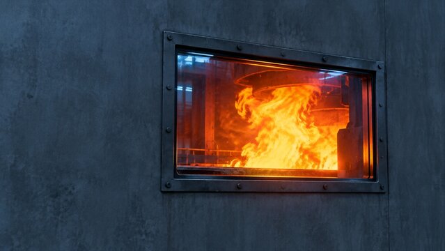 Industrial Inferno: Intense flames erupt within a metal-framed window of a stark, industrial building, casting a dramatic orange glow.