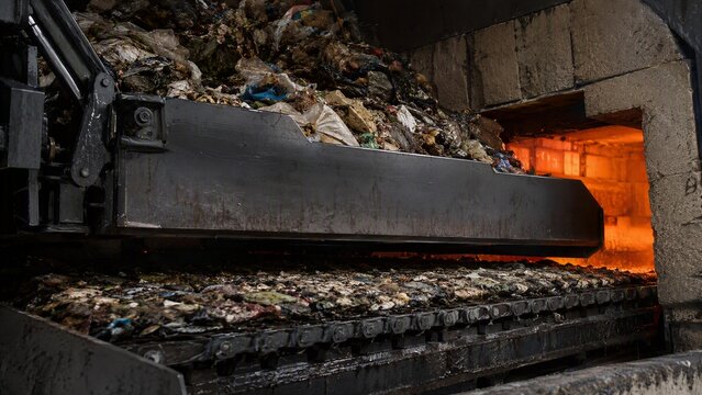 Incinerator furnace at waste processing plant: A front-loader deposits a large pile of waste and debris into the fiery maw of an industrial incinerator.