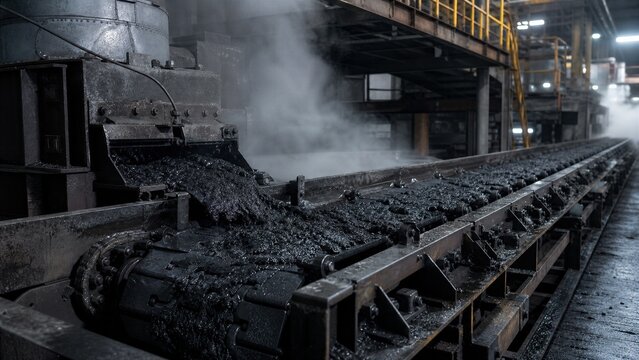 Coal Mining Conveyor Belt: A heavy-duty conveyor belt transports a large volume of coal within an industrial setting, with steam or dust rising from the dark material.