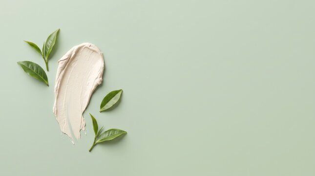 Minimalist background with a smear of light beige cosmetic cream and fresh green tea leaves arranged on a soft pastel sage green surface