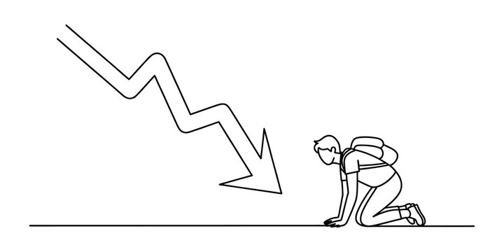 Continuous line drawing Sad man kneeling on the floor with a downward arrow symbol