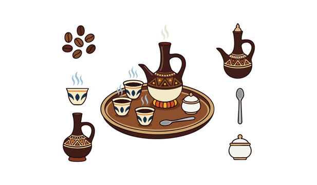 Vector illustration of a traditional Ethiopian coffee ceremony set with jebena pot and cups on a white background.