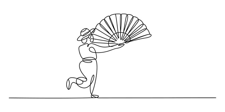 Woman dancing with a hand fan in a continuous single line art style drawing
