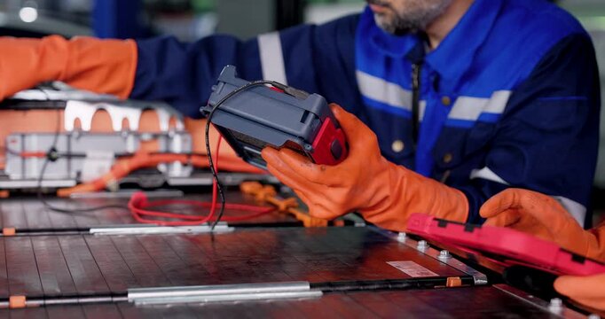 Adult male EV technician holds handheld diagnostic meter beside exposed battery pack, moving test lead and checking readings during high voltage battery inspection in modern automotive workshop.