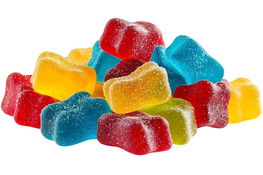 Heap of assorted gummy candies in red, yellow, blue, and green colors for snacks.