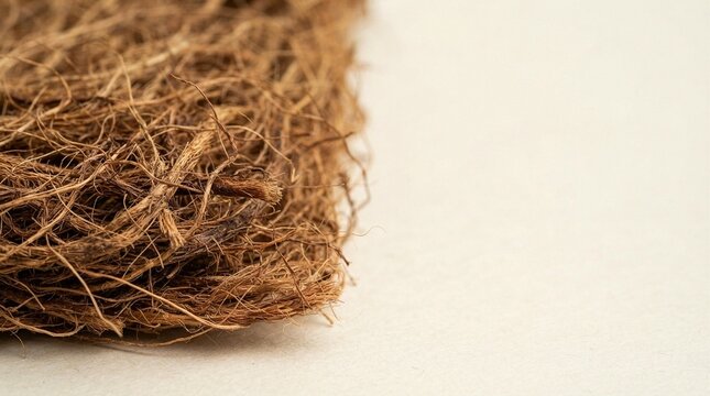 Coiled natural fiber rope or twine made from coconut husk, jute, or sisal material on neutral background