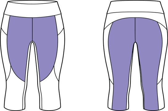 Women's activewear cropped leggings technical flat sketch template with front and back views for fashion design