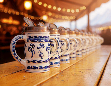 Row of traditional Bavarian beer steins on a wooden table at Oktoberfest