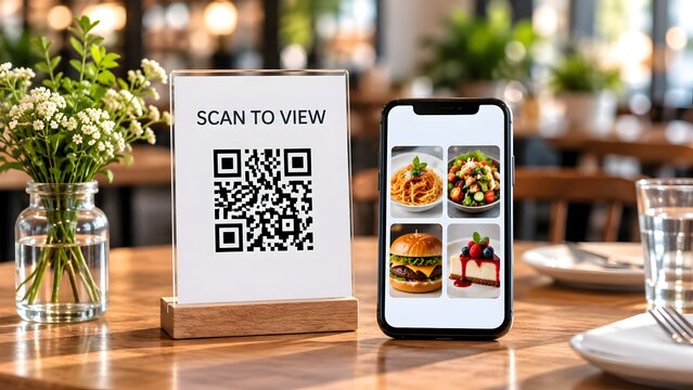 Smartphone displaying digital food menu next to acrylic QR code stand for contactless ordering in a modern restaurant