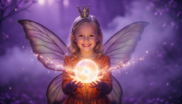 A charming young girl dressed as a fairy with a golden crown and large wings smiles warmly while holding a glowing magic crystal ball against an enchanting, mystical purple backdrop.