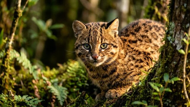 kodkod close up at morning light in patagonia chile temperate rainforest video