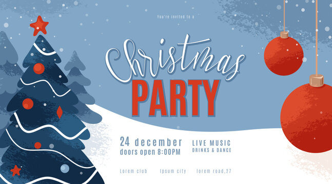 Christmas party invitation vector template with dark blue background, christmas trees, red baubles, snowflakes. Festive flyers, cards layout for winter holidays, events, celebrations